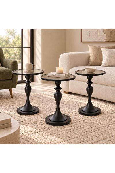 laverahome Modern Black Service Table Set with Mirrored Top |