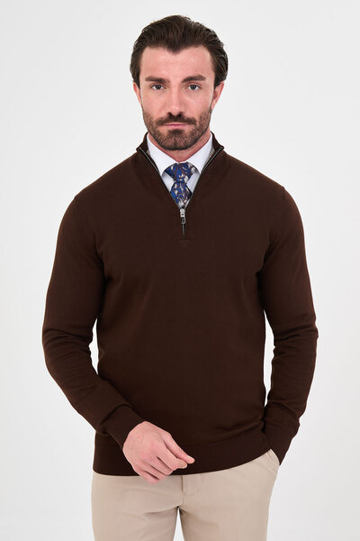 Mcr Plain Slim Fit Stand Collar Zippered Cotton Men's Knitwear Sweater Brown ...