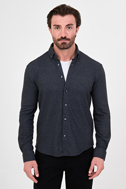 Mcr Patterned Slim Fit Stand Collar Long Sleeve Men's Shirt Navy Blue - 27159...