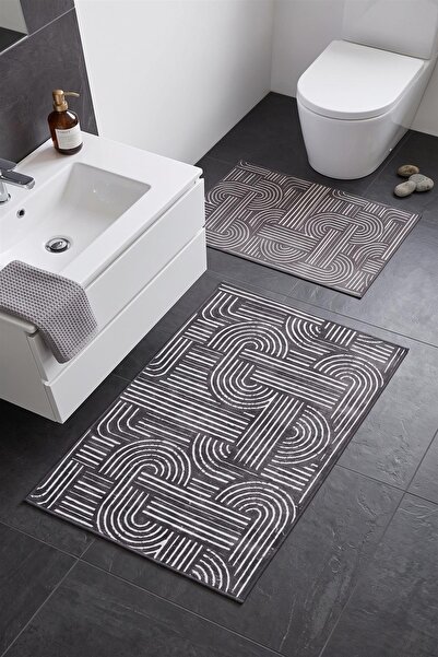 dekozer Revna Anthracite Washable 2-Piece Bathroom Mat Set (60X100-50X60 cm) ...