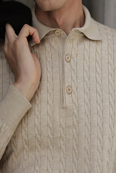 Mcr Braided Slim Fit Polo Collar Buttoned Cashmere Men's Knitwear Sweater Bei...