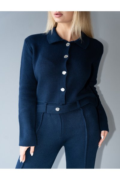 KENZA'A TRİKO Set de tricotaje cu jachetă cu curea și pantaloni cu dungi