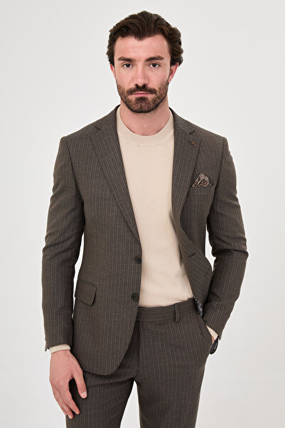 Mcr Striped Slim Fit Mono Collar Vestless Wool Blend Men's Suit Coffee - 4548...