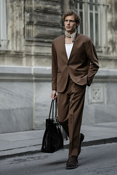 Mcr Straight Oversize Collarless Men's Suit with Pleated Trousers Camel - 454...