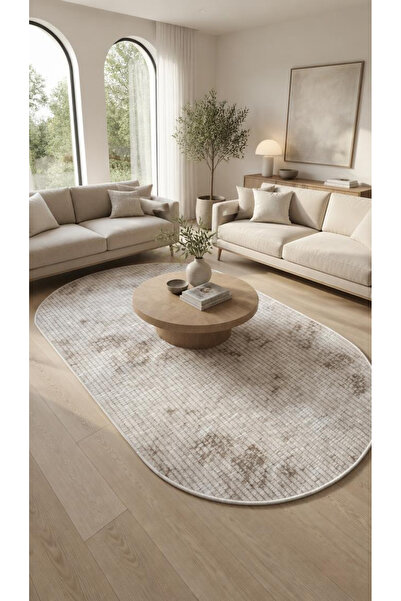Dijidekor Halı Fitilli Bej Vizon Oval Saçaksız Salon Halısı Mutfak Halısı Pas...