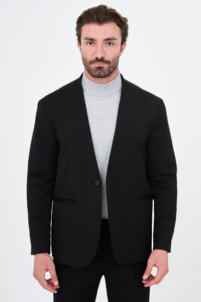 Mcr Straight Oversize Collarless Men's Suit with Pleated Trousers Black - 454...