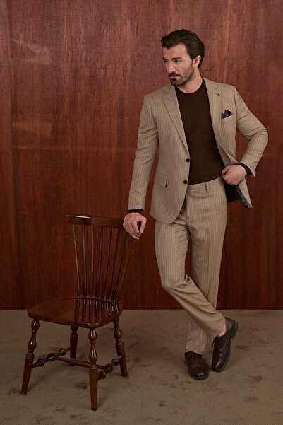 Mcr Striped Slim Fit Mono Collar Vestless Wool Blend Men's Suit Beige - 45483...