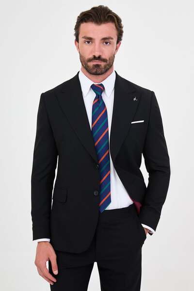 Mcr Plain Slim Fit Wide Collar Vestless Wool Blend Men's Suit with Handkerchi...