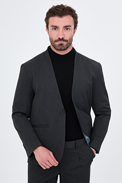 Mcr Straight Oversize Collarless Men's Suit with Pleated Trousers Anthracite ...