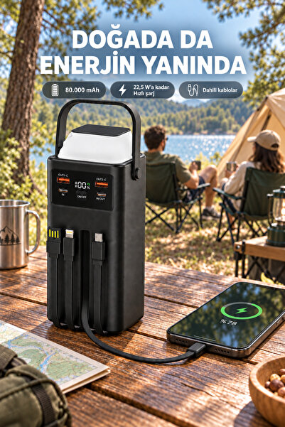 MO DOU 80.000 mAh Powerbank 22,5W Hızlı Şarj Dahili Kablolu USB-C Lightning D...