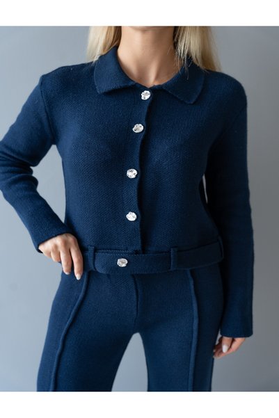 KENZA'A TRİKO Set de tricotaje cu jachetă cu curea și pantaloni cu dungi