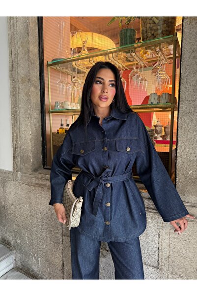 1Moda1Tarz İthal Denim Kumaş Kuşak Dahil Düğme Detaylı Astarlı Özel Tasarım C...