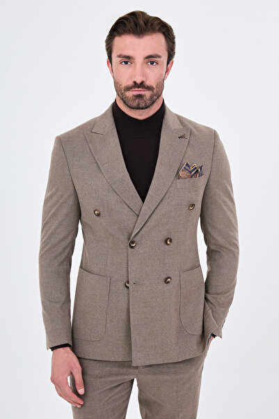Mcr Plain Slim Fit Wide Collar Double Breasted Wool Blend Men's Suit with Poc...