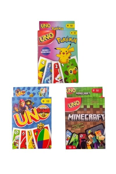 Oyunsal Brawlstars Uno + Minecraft Uno + Pokemon Uno Oyun Kartları 3'lü Set