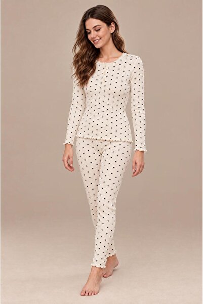 cotonhause Women's Long Sleeve Half Placketed Report Interlock White Pajama Set C1T3N98