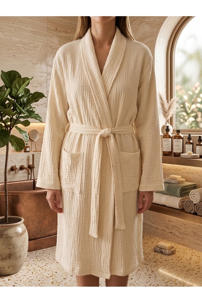 Damira Home %100 Pamuk Müslin Bornoz Naturel Unisex – Yumuşak ve Hafif