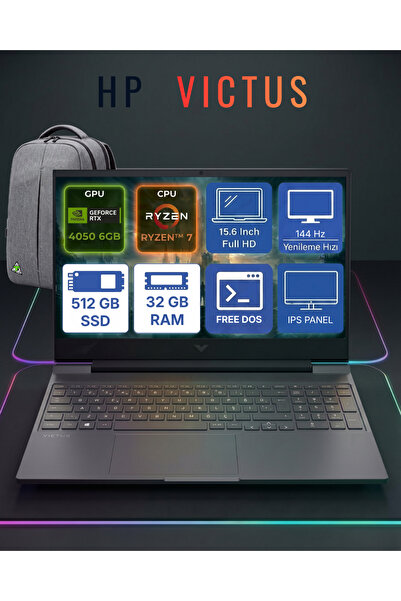 Victus Gaming Laptop Ryzen 7 7445HS 32 GB DDR5, 512 GB SSD, RTX 4050/6GB,144 Hz, 15.6"FHD (1920x1080), IPS Panel, Freedos + Tekden Çanta