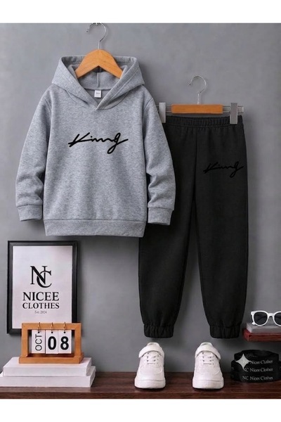 NC Nicee Clothes Children's Unisex Tracksuit Set (Black Handwritten King Prin...