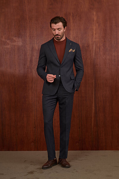 Mcr Çizgili Slim Fit Mono Yaka Yeleksiz Yün Karışımlı Erkek Takım Elbise Laci...