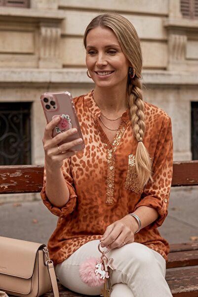 Chiccy Italian Orange Judge Collar Long Sleeve Leopard Patterned Sequin Pocke...