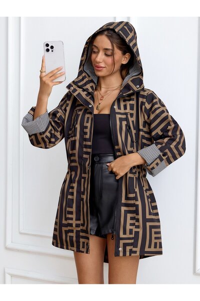ladyzey Women's Brown Maze Patterned Hooded Trench Coat with Elastic Waist an...