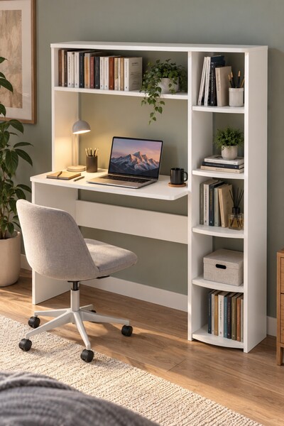 SuloraHome Kitaplıklı Çalışma Masası Beyaz