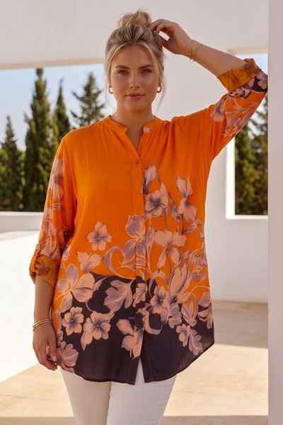 Chiccy Italian Orange Judge Collar 3/4 Sleeve Buttoned Floral Printed Casual ...