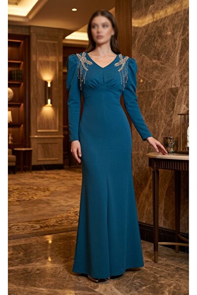 kadina Elegant Navy Blue Evening Dress Midi Length Party Dress with Sequined ...