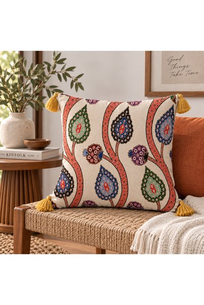 KUMBAHCEDESIGNCO Goblen Desenli Püsküllü Dekoratif Kırlent Kılıfı