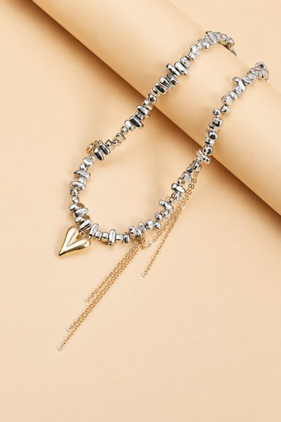 THE Steel Gray Gold Women's Necklace with Heart Figure Chain Detail