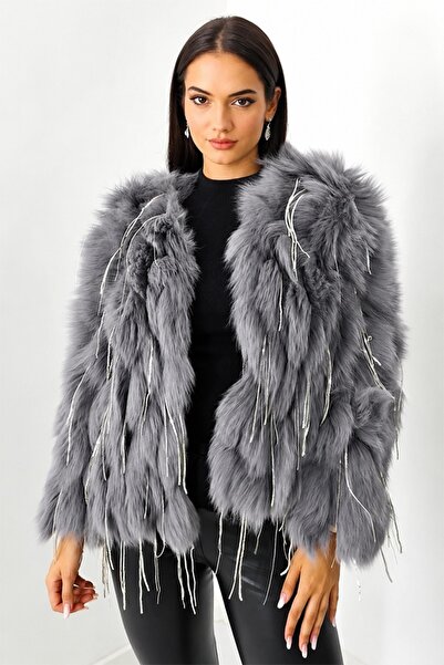 FashionForYou Κομψό παλτό Aylin, από γούνα αλεπούς, με ασύμμετρες πούλιες, Αν...