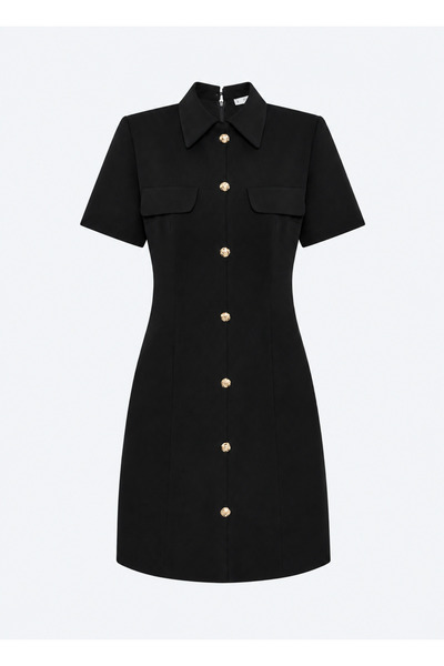 Sateen Kısa Kollu Mini Elbise-Siyah