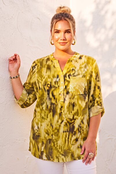 Chiccy Italian Mustard Color Judge Collar Long Sleeve Patterned Sequin Pocket...