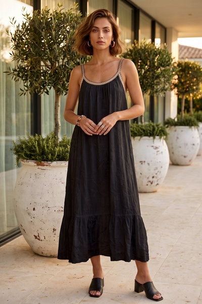 Chiccy Italian Black Strapless Collar Strap Lined Skirt with Ruffles and Embr...