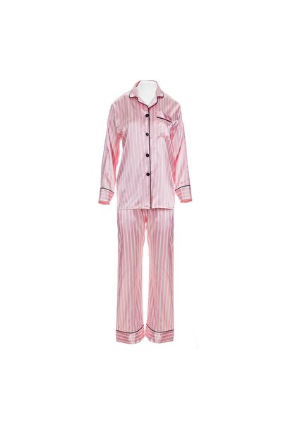 OEM Set Pijama de Iarna Satinata Roz cu Dungi Albe & Detalii Negre pentru Femei