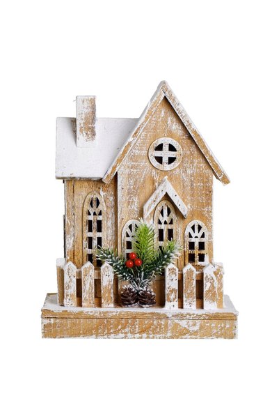 OEM Decoratiune de Craciun din Lemn Casa Ninsa cu Gardulet Berries Glitter Alb cu Lumina 24x12x33cm