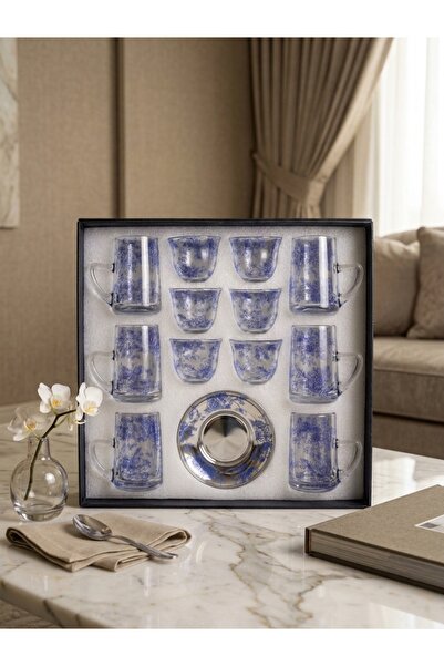 Generic Brand Blue Flower Pattern Glass Tea and Coffee Set - 18 Pieces