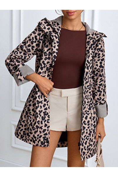 ladyzey Women's Leopard Patterned Hooded Trench Coat with Elastic Waist and F...