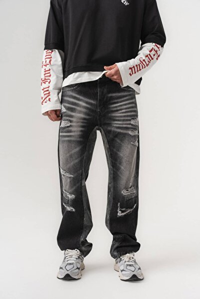 go gang own Split Contrast Panel Detailed Washed Jean Baggy Men's Trousers