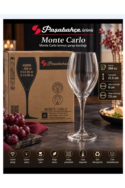 Paşabahçe ayaklı kadeh bardak 6 ad monte Carlos model 260 cc hacim 21.5 cm bo...