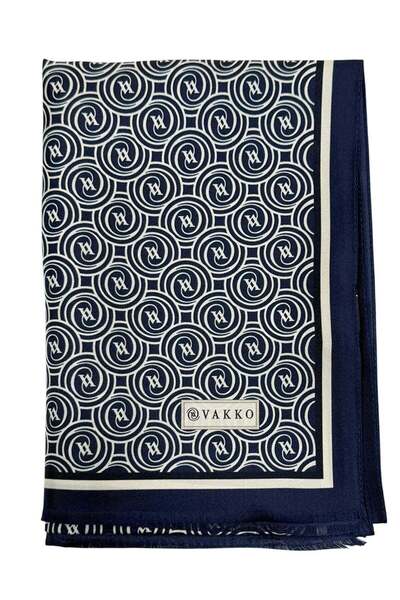 Vakko Twill İpek Şal - Helezon Monogram - Lacivert Krem