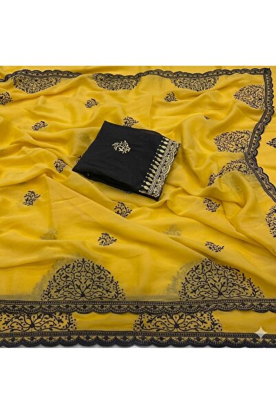 MYSMAR Bright Yellow Georgette Saree with Black Embroidered Border - KTS9705 ...
