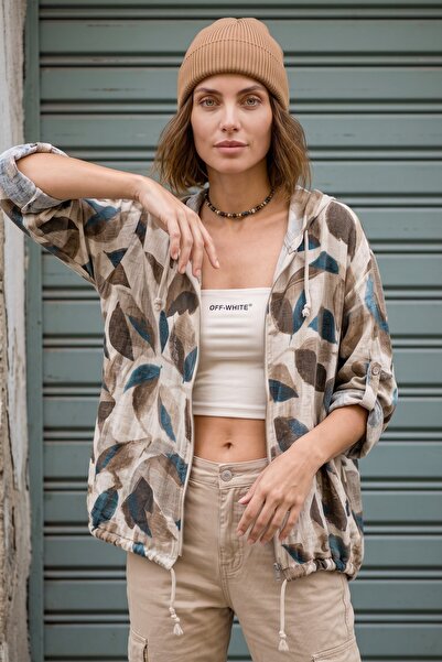 Chiccy Italian Beige Hooded 3/4 Sleeve Leaf Patterned Zipper Pocket Casual Li...