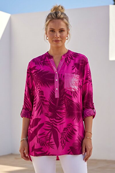 Chiccy Italian Fuchsia Judge Collar Long Sleeve Leaf Patterned Sequin Pocket ...