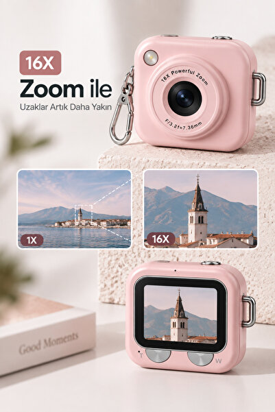 Yussraw blic BLM-108 Pembe Mini Pocket Dijital Fotoğraf Makinesi, 16X Powerful Zoom, 1080P Video