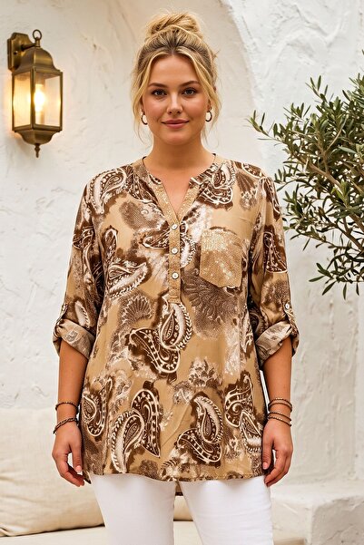 Chiccy Italian Camel Hakim Collar Long Sleeve Shawl Patterned Sequin Pocket C...