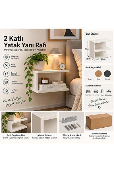 2 Katlı 40x25x30 cm Yatak Yanı Rafı
