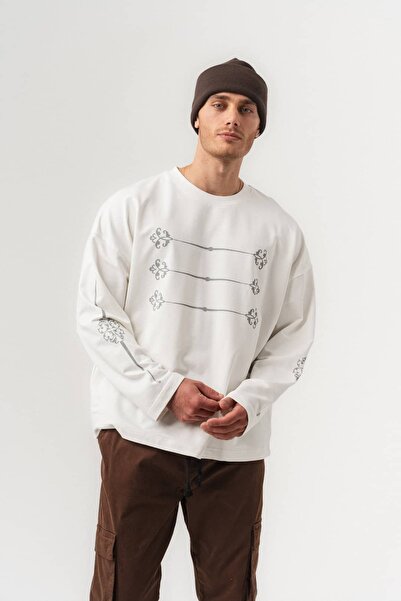 Crestline Göğüs ve Kol Detaylı Bisiklet Yaka Oversize Erkek Sweatshirt
