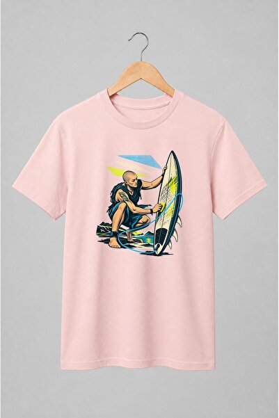 Generic Brand Tricou unisex cu Surfer cu placă de surf în stil retro