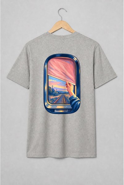 Generic Brand Tricou unisex cu Fereastră de tren cu șine la apus pentru călători